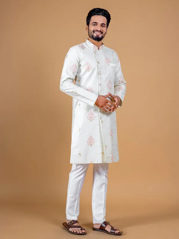 Cream and pink silk kurta suit