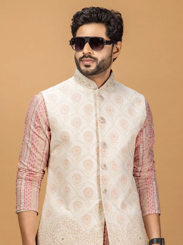 Cream and pink silk men waistcoat set