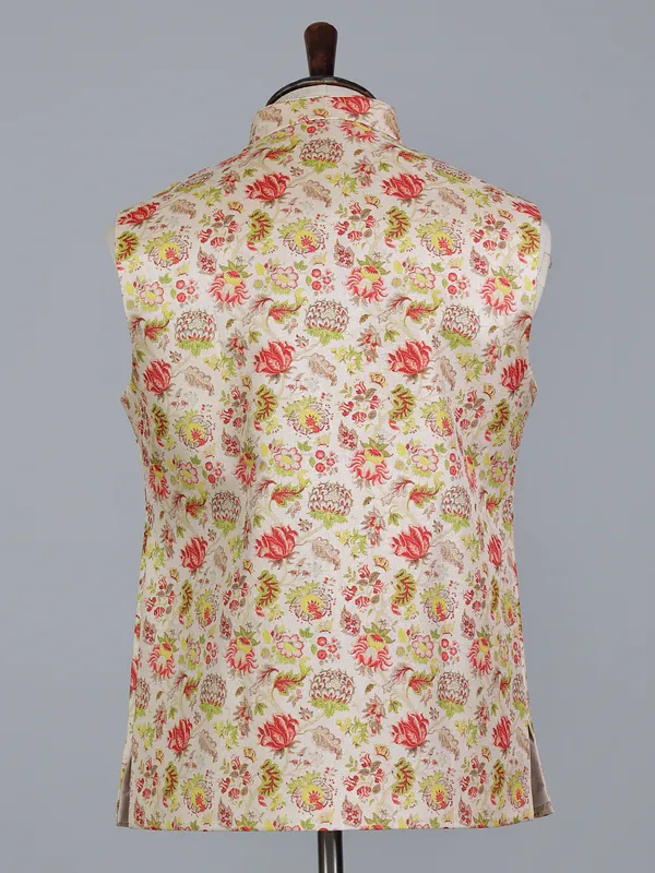 Cream and pink silk printed wedding waistcoat