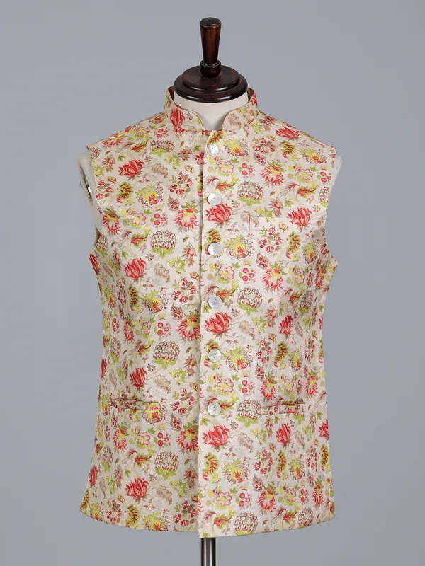 Cream and pink silk printed wedding waistcoat