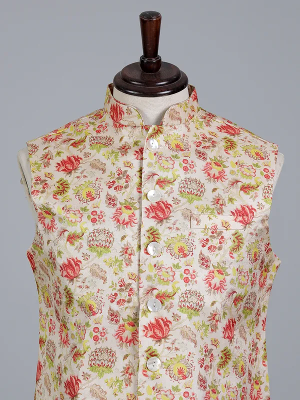 Cream and pink silk printed wedding waistcoat