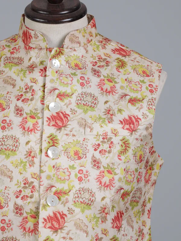 Cream and pink silk printed wedding waistcoat