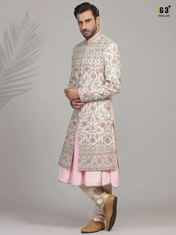 Cream and pink silk sherwani for groom