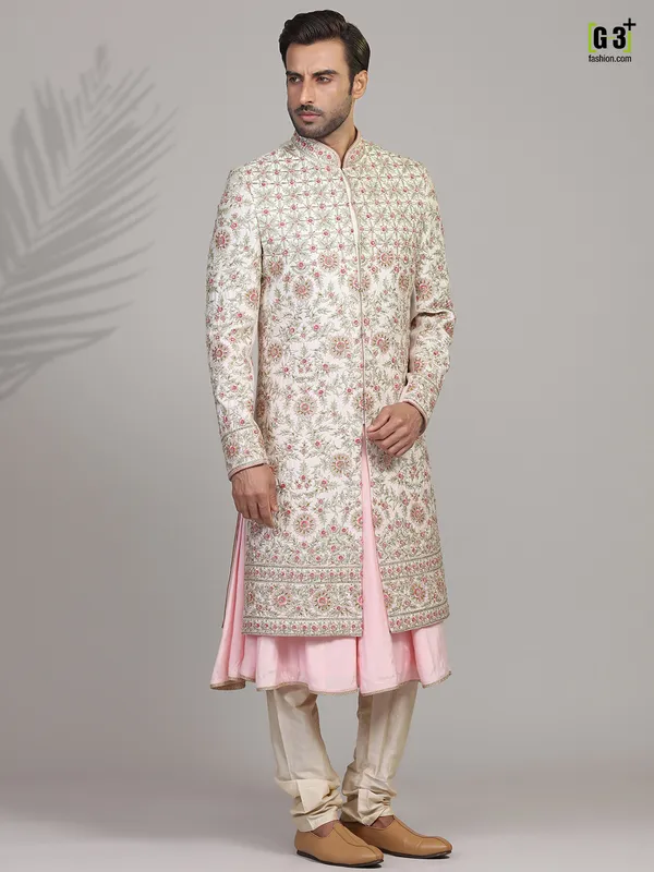 Cream and pink silk sherwani for groom
