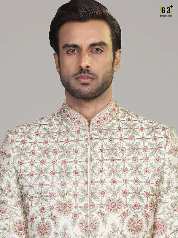 Cream and pink silk sherwani for groom