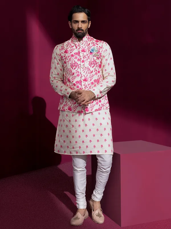 Cream and pink silk waistcoat set for wedding