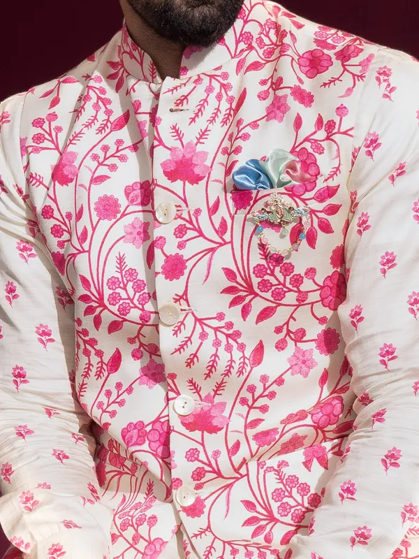 Cream and pink silk waistcoat set for wedding