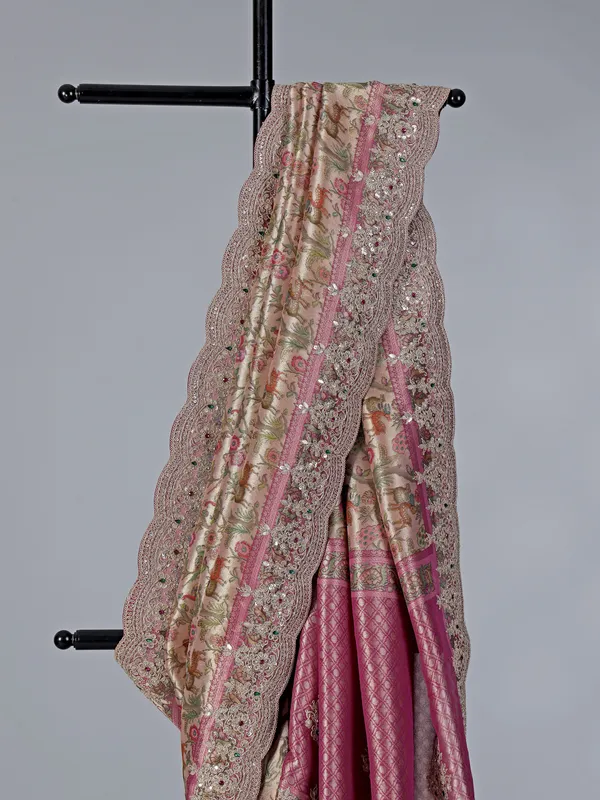 Cream and pink tissue kanjivaram silk saree
