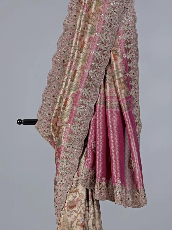 Cream and pink tissue kanjivaram silk saree