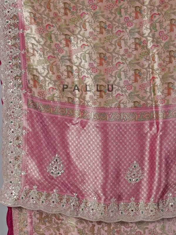 Cream and pink tissue kanjivaram silk saree