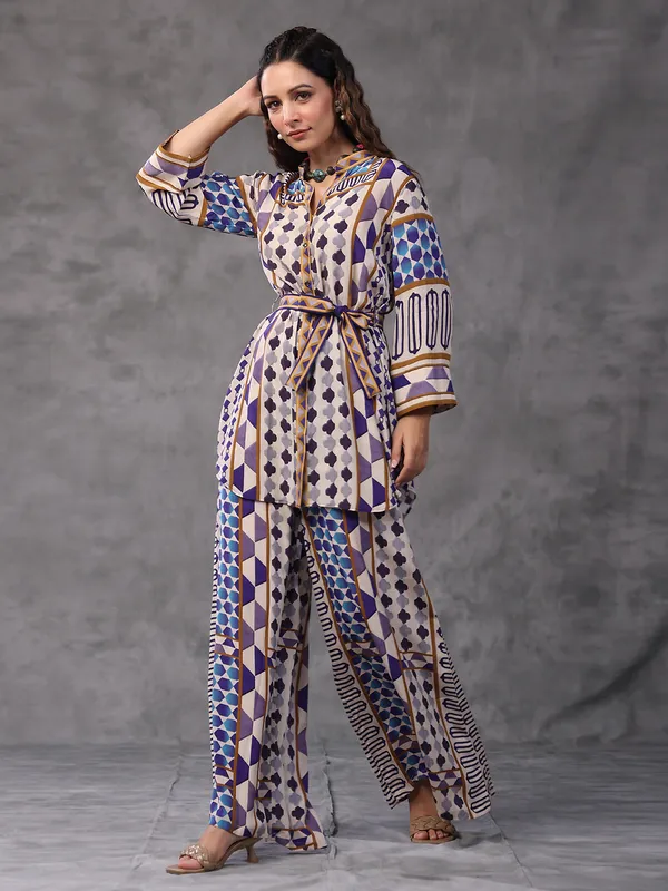 Cream and purple printed co ord set