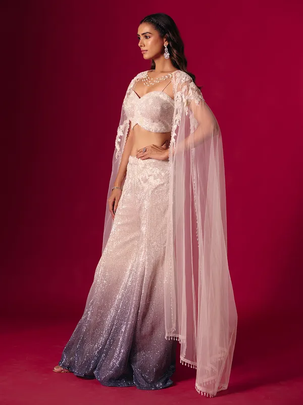 Cream and purple shaded designer sequins work palazzo suit