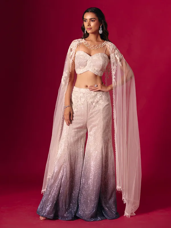 Cream and purple shaded designer sequins work palazzo suit