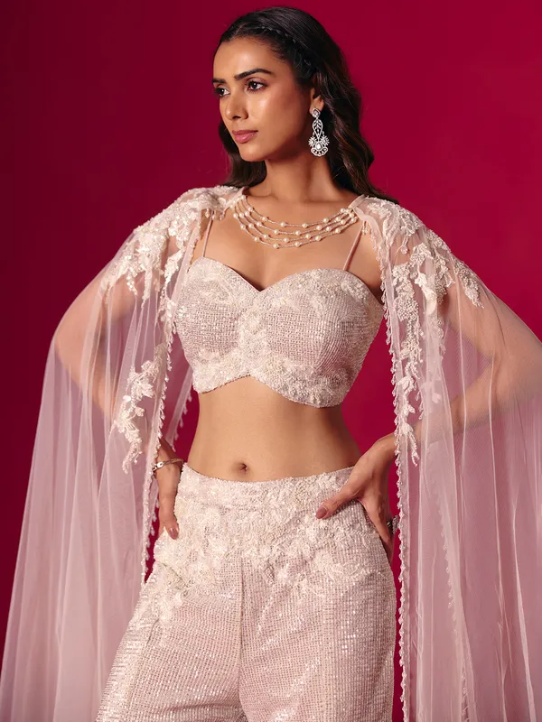 Cream and purple shaded designer sequins work palazzo suit