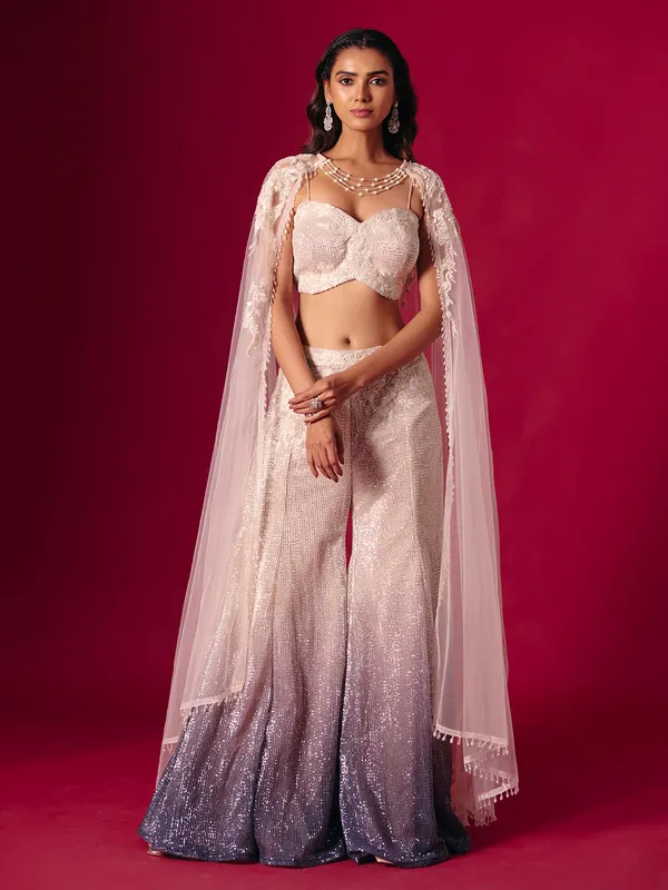 Cream and purple shaded designer sequins work palazzo suit