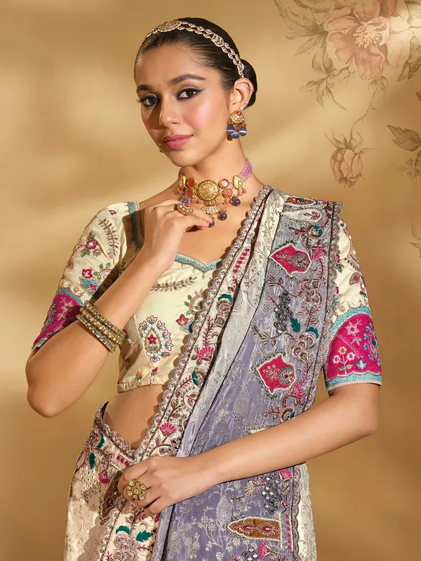 Cream and purple shaded silk saree