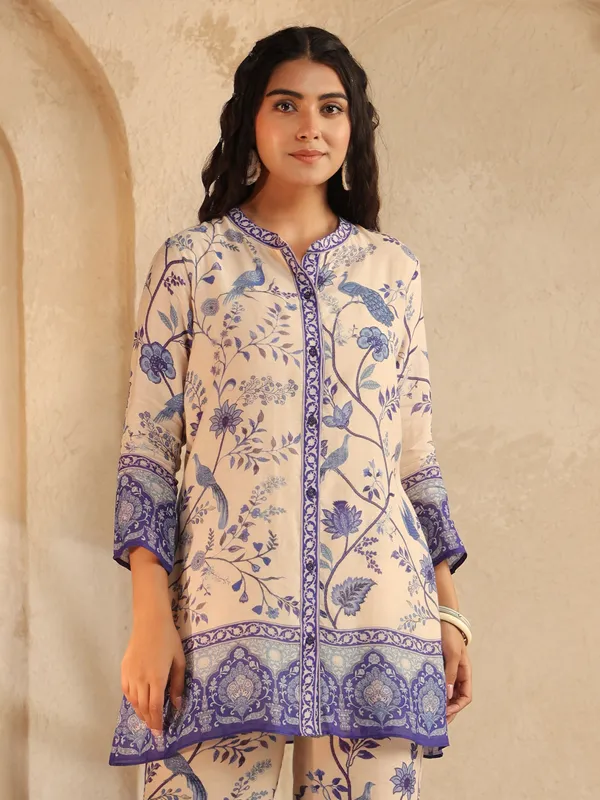 cream and purple silk printed co ord set