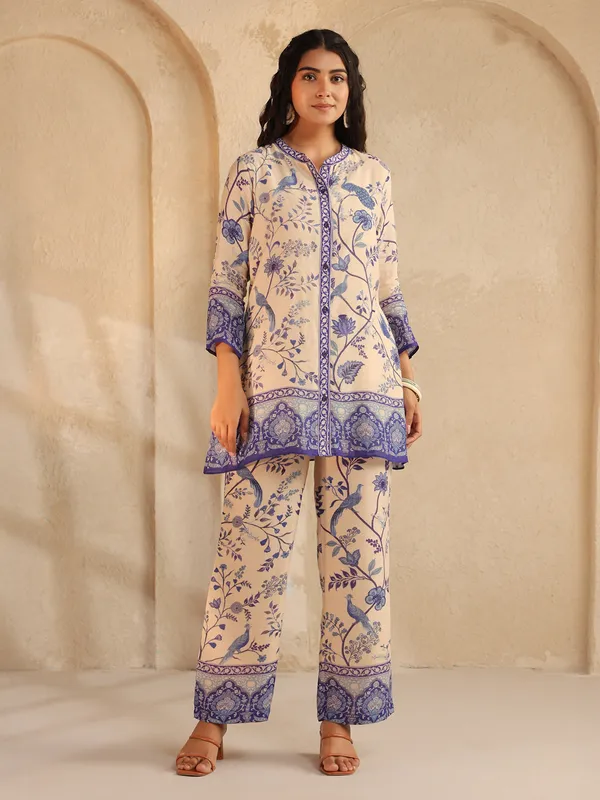 cream and purple silk printed co ord set