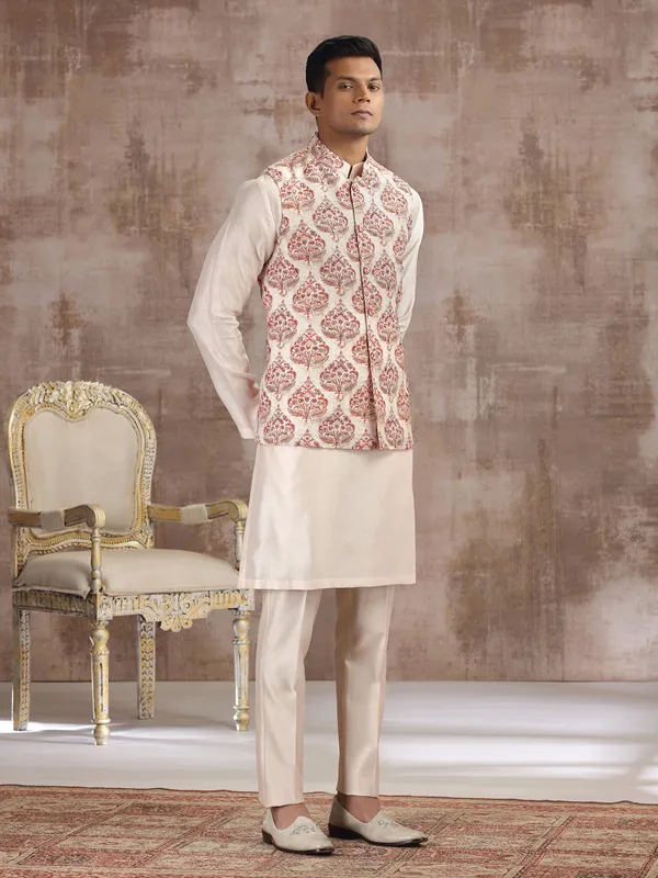 Cream and red printed silk waistcoat set