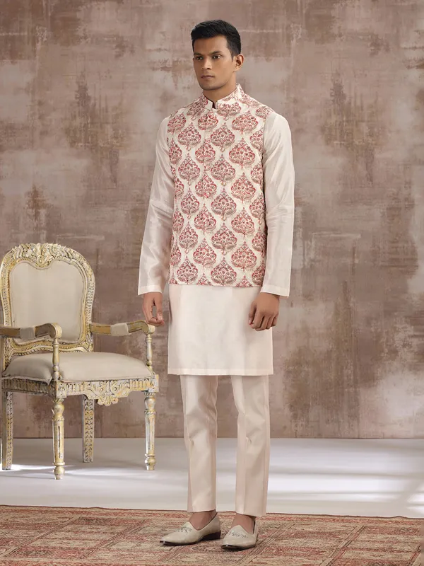 Cream and red printed silk waistcoat set
