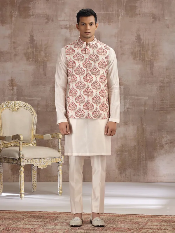 Cream and red printed silk waistcoat set