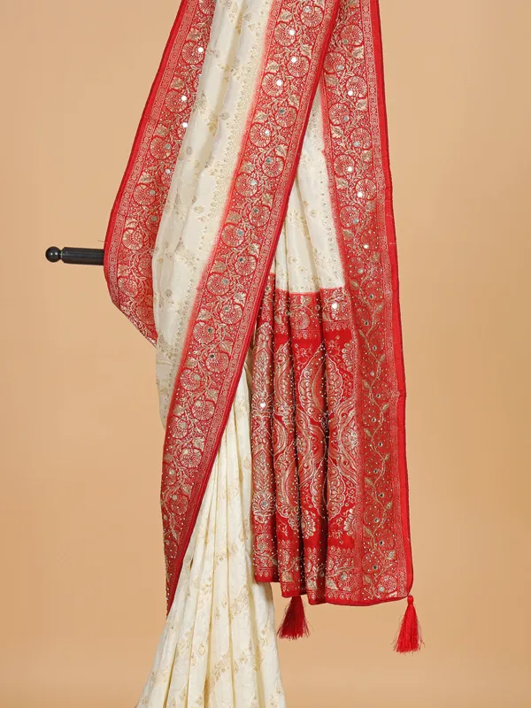 Cream and red saree for wedding wear