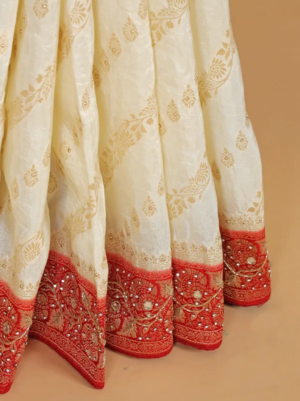 Cream and red saree for wedding wear