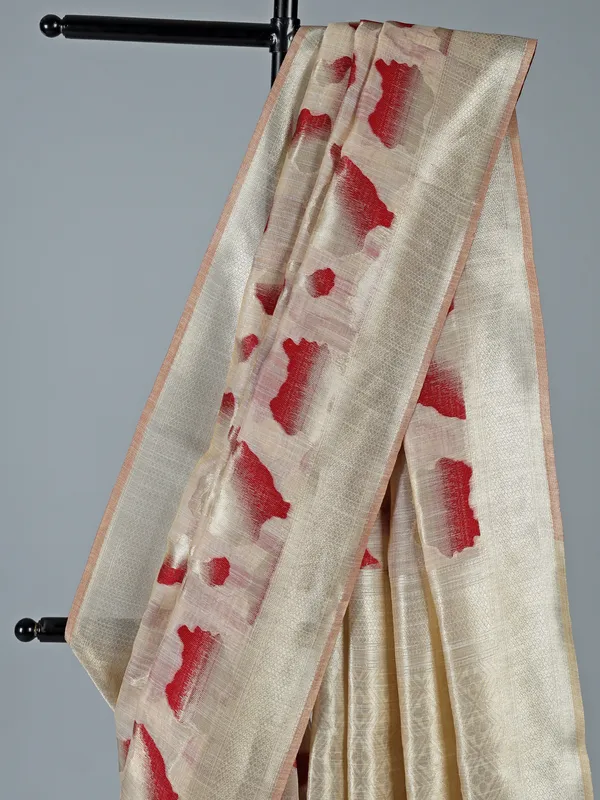 Cream and red semi cotton silk saree