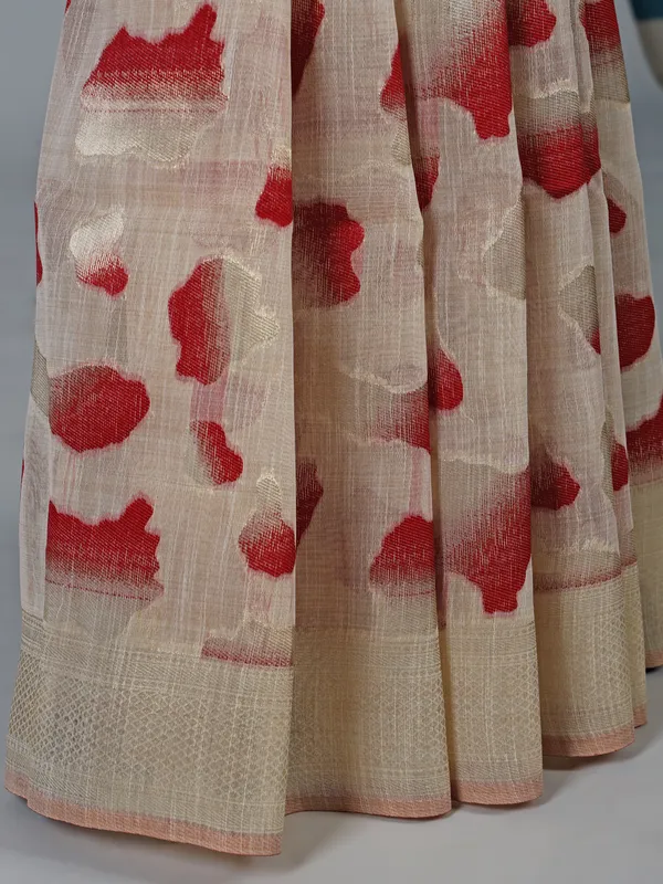 Cream and red semi cotton silk saree