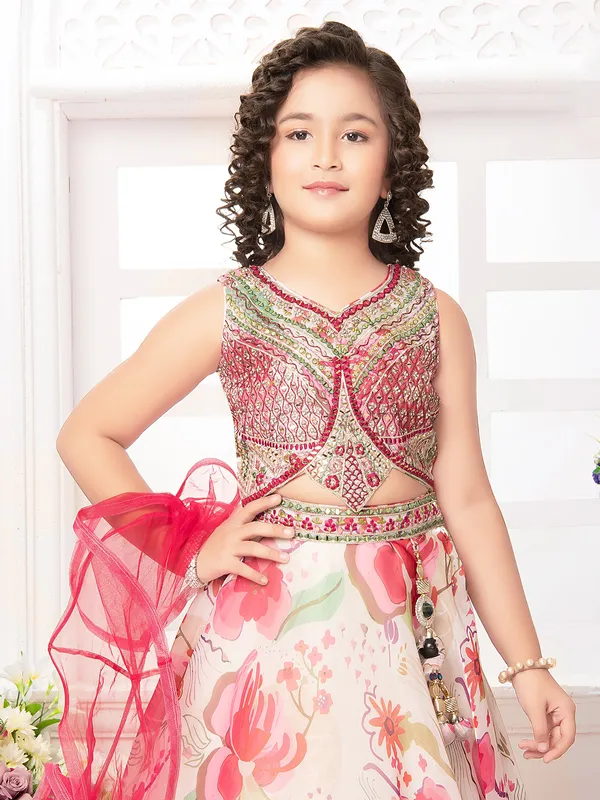 Cream and red silk lehenga choli for sangeet