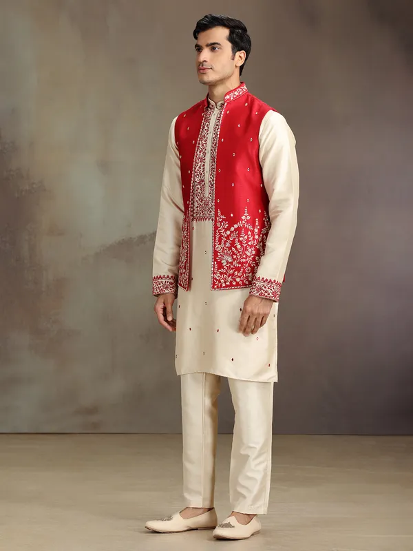 Cream and red silk mirror worked waistcoat set