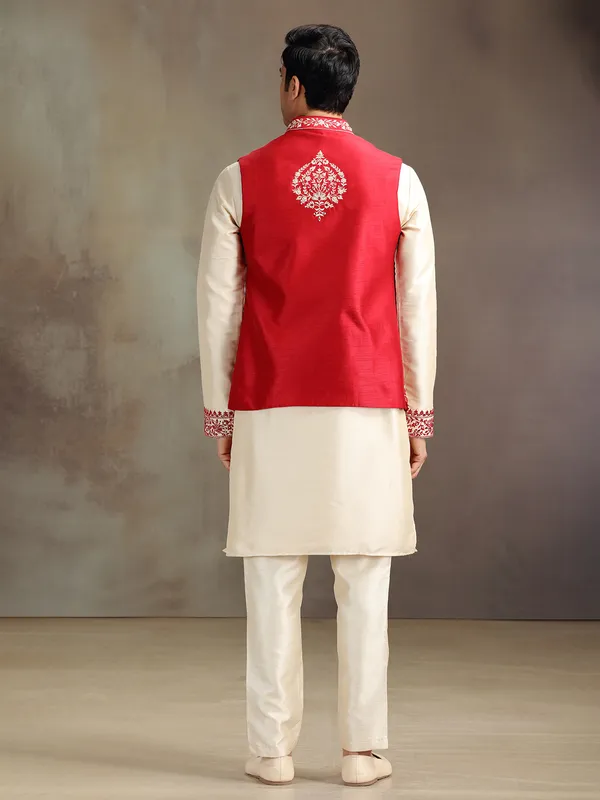 Cream and red silk mirror worked waistcoat set