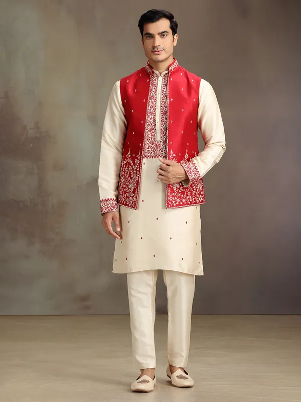 Cream and red silk mirror worked waistcoat set