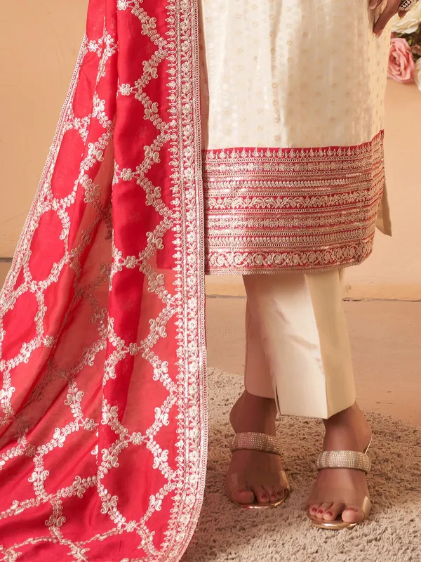Cream and red silk salwar suit with dupatta