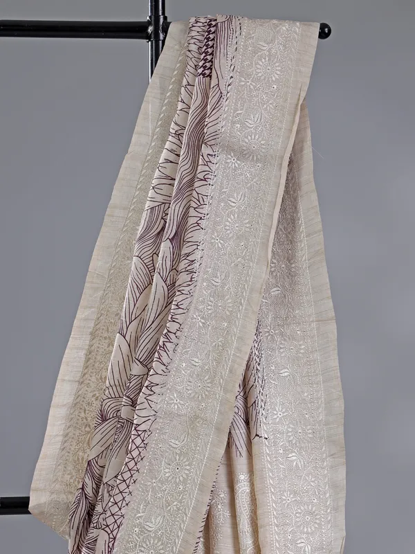 Cream and wine cotton silk saree