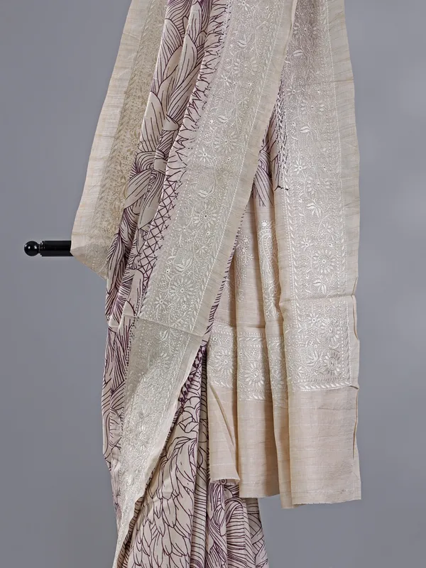 Cream and wine cotton silk saree