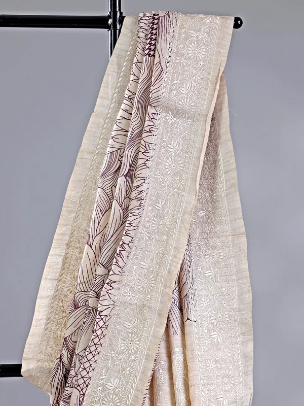 Cream and wine cotton silk saree