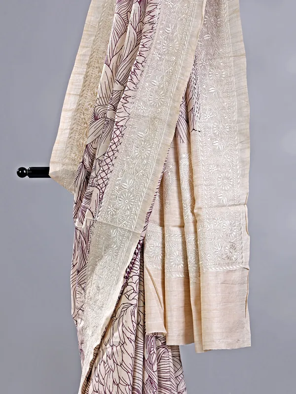 Cream and wine cotton silk saree