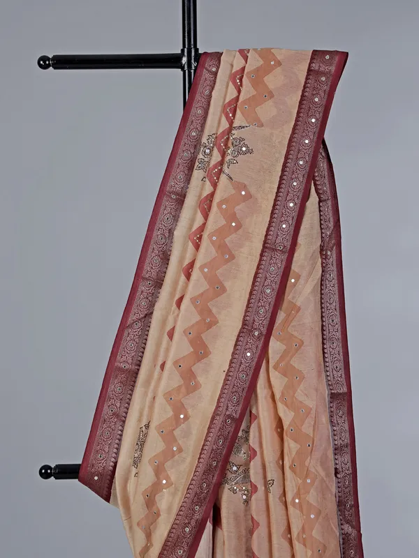 Cream and wine cotton silk saree with zigzag weaving