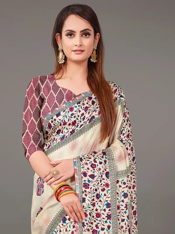 Cream and wine festive wear pashmina silk saree
