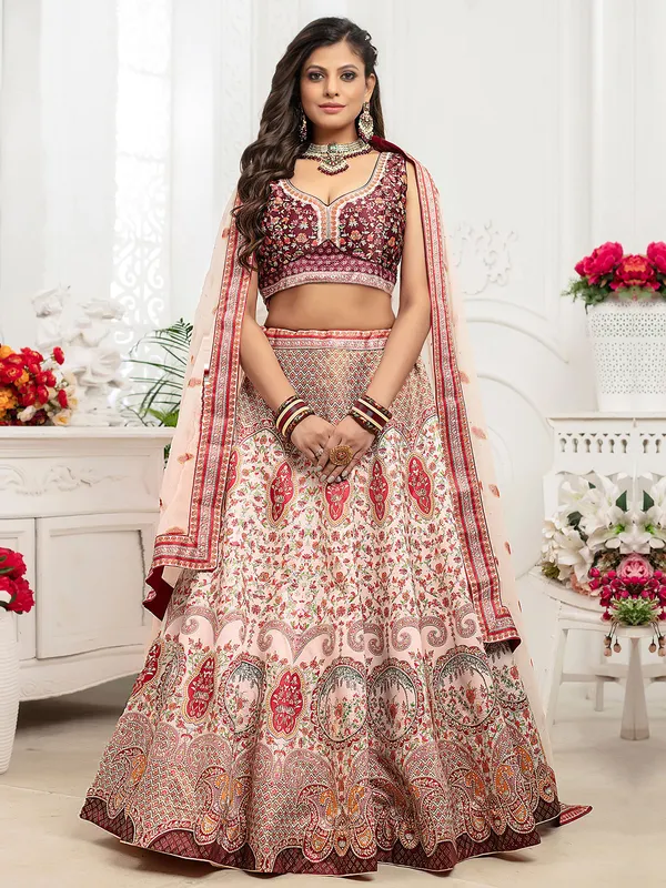 Cream and wine printed lehenga choli