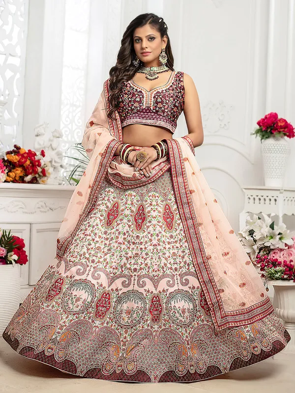 Cream and wine printed lehenga choli
