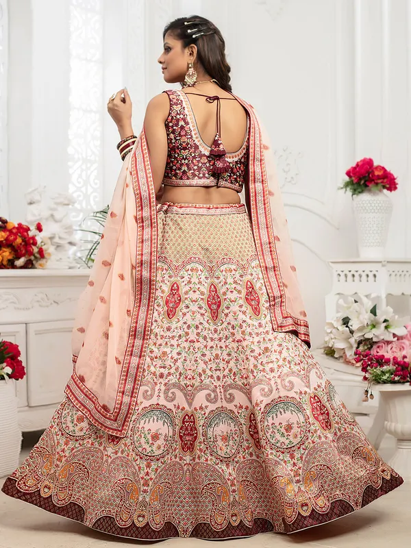 Cream and wine printed lehenga choli