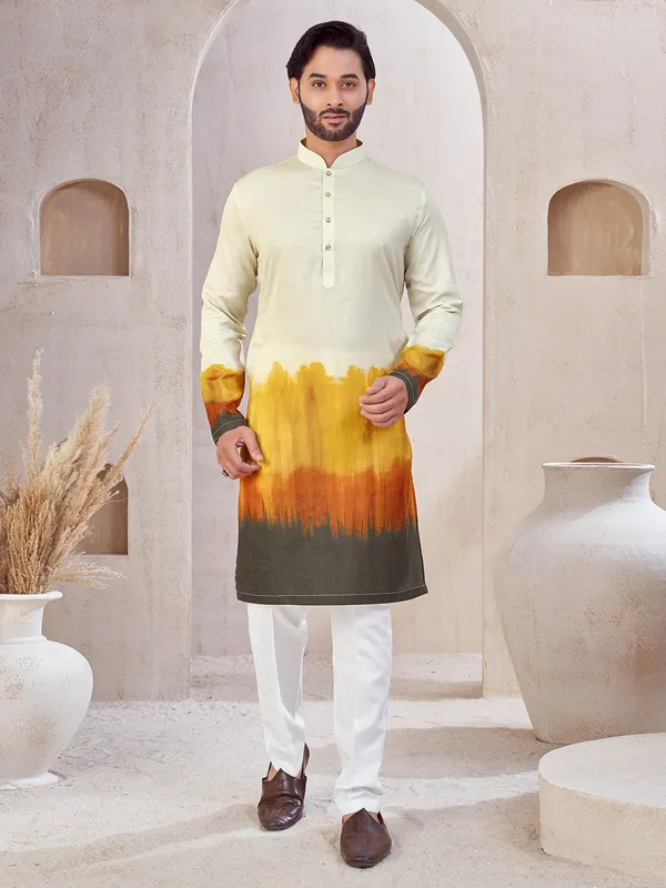 Cream and yellow cotton printed kurta suit for men