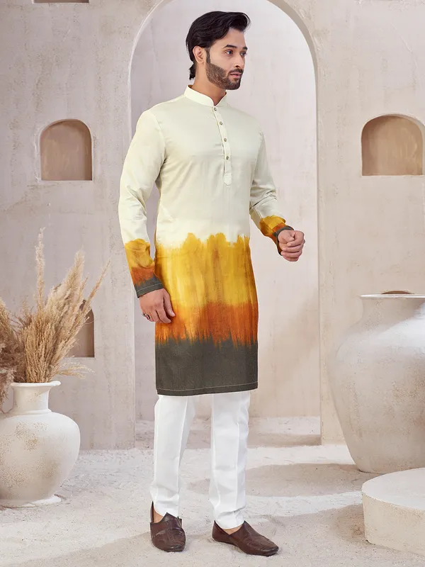 Cream and yellow cotton printed kurta suit for men