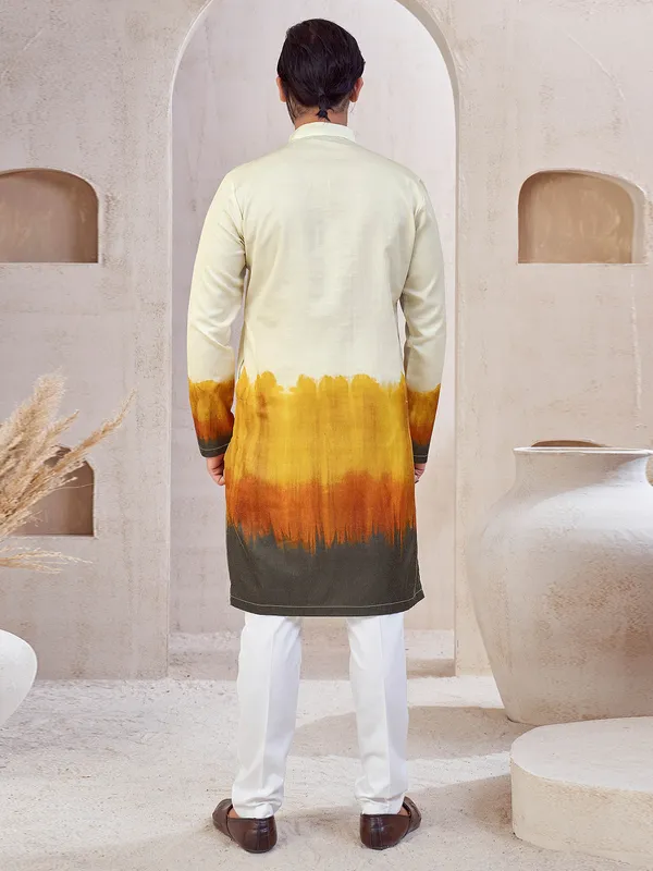 Cream and yellow cotton printed kurta suit for men
