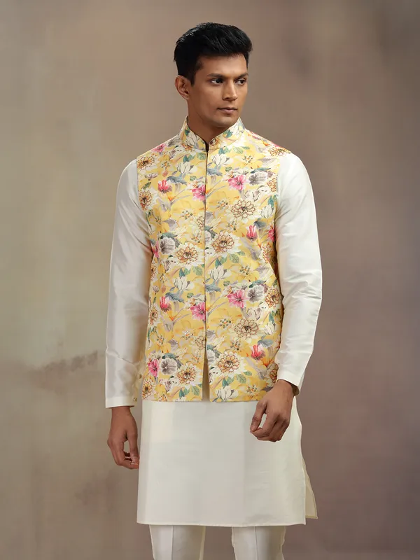 Cream and yellow cotton silk waistcoat set with print