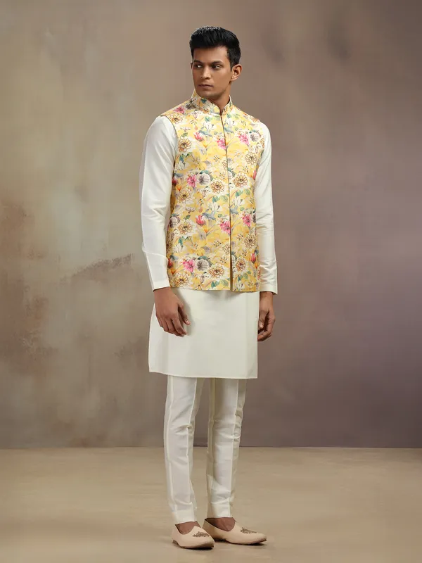 Cream and yellow cotton silk waistcoat set with print