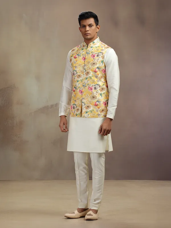 Cream and yellow cotton silk waistcoat set with print