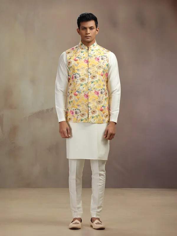Cream and yellow cotton silk waistcoat set with print